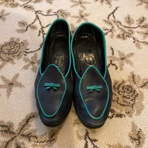 Authentic Belgian loafers navy with green detail.